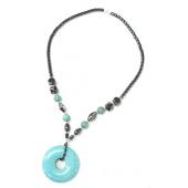 Big Turquoise Donut Pendant Hematite Necklace